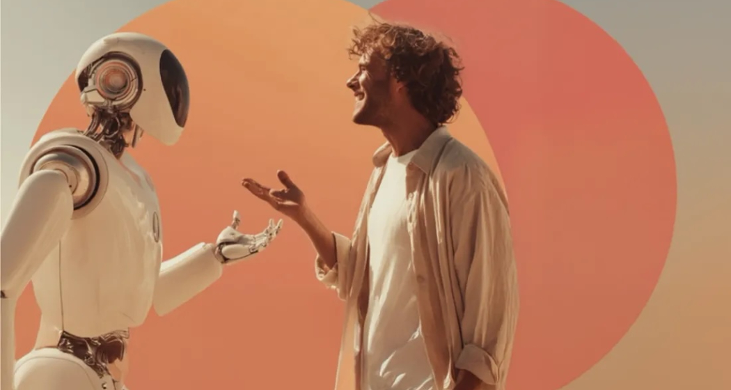 Mensch im Gespräch mit einem humanoiden Roboter vor modernem, abstraktem Hintergrund