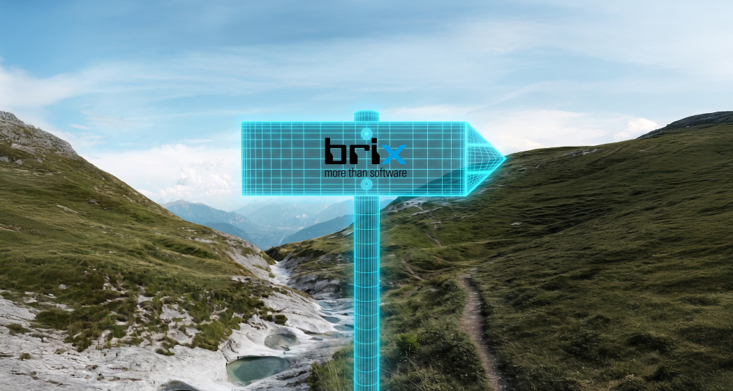 Logo von brix Solutions AG mit dem Slogan «more than software» auf einem leuchtend türkisen digitalen Wegweiser vor alpiner Berglandschaft.