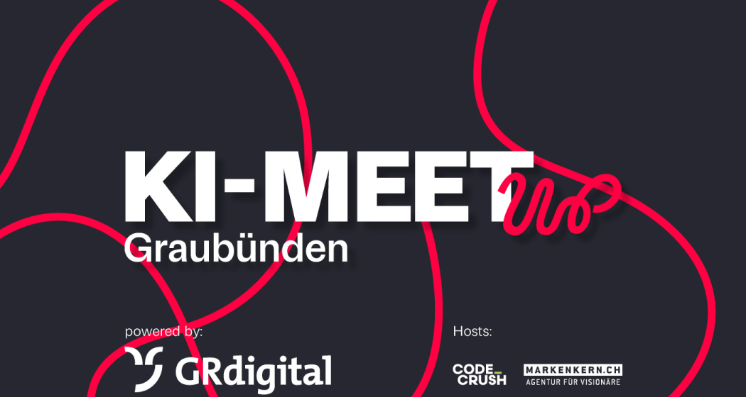 Event-Visual KI-Meetup Graubünden: Weisser Schriftzug auf dunklem Hintergrund mit roten geschwungenen Linien. Powered by GRdigital, Hosts: Code Crush und Markenkern.ch.