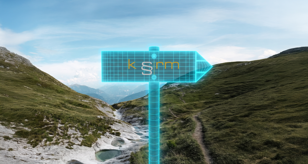 Digitaler Wegweiser mit krm-Logo vor Alpenlandschaft