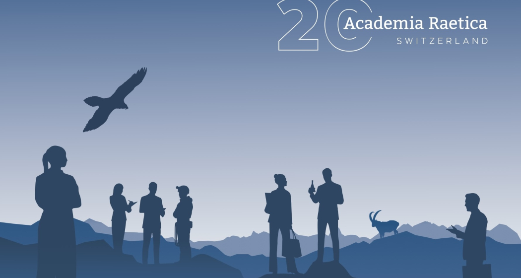 Blaue Illustration mit Silhouetten von Menschen in Businesskleidung, die in einer Berglandschaft im Gespräch stehen, darüber ein fliegender Adler, rechts ein Steinbock.