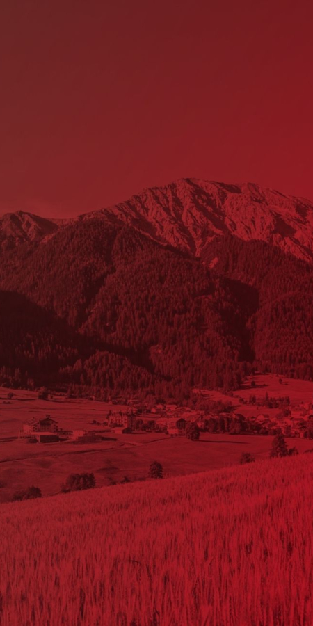 Alpines Landschaftspanorama mit Blick auf ein Bergtal in Graubünden. Im Vordergrund erstreckt sich ein Getreidefeld, dahinter liegen weitläufige Wiesen mit einem kleinen Dorf und bewaldeten Hängen. Markante Berggipfel ragen in den Hintergrund, das gesamte Bild ist in einem tiefroten Farbton gehalten – dem Markenfarbe von graubünden digital.