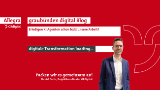 Erledigen KI Agenten schon bald unsere Arbeit? Erledigen KI Agenten bald unsere Arbeit?“ mit Daniel Fuchs (GRdigital) vor rotem Hintergrund. Text: „digitale Transformation loading…