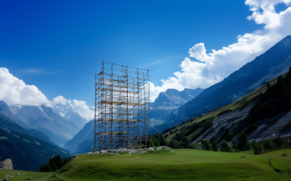 Tourismus Trendforum Metallgerüst auf einer grünen Wiese in den Alpen, umgeben von hohen Bergen und blauem Himmel mit Wolken – Symbol für Wandel und Aufbruch.