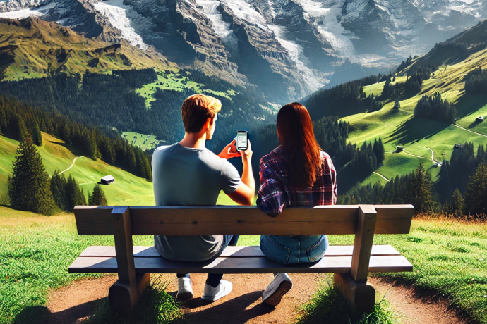 Zwei Personen auf einer Bank mit Blick auf ein alpines Tal – digitale Vernetzung trifft Naturerlebnis.