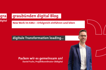 Blogbeitrag „New Work im KMU – Erfolgreich einführen und leben“ auf rotem Hintergrund mit GRdigital-Branding. Im Bild: Daniel Fuchs, Projektkoordinator GRdigital, mit dem Slogan „Packen wir es gemeinsam an!“.