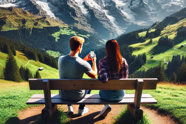 Zwei Personen auf einer Bank mit Blick auf ein alpines Tal – digitale Vernetzung trifft Naturerlebnis.