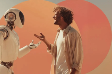 Mensch im Gespräch mit einem humanoiden Roboter vor modernem, abstraktem Hintergrund