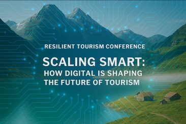 Visual zur Resilient Tourism Conference «Scaling Smart: How Digital is Shaping the Future of Tourism» mit Berglandschaft und digitalem Schaltkreis-Design.