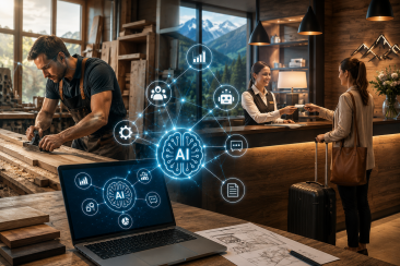 Bild zeigt einen Handwerker in einer Werkstatt und eine Hotelrezeptionistin beim Check-in einer Gästin – verbunden durch ein leuchtendes KI-Netzwerk mit Icons für Analyse, Automatisierung und Kommunikation. Im Vordergrund ein Laptop mit demselben KI-Symbol, im Hintergrund Bergpanorama.