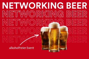 Key Visual Networking Beer mit drei Biergläsern vor rotem Hintergrund und Hinweis alkoholfreier Event